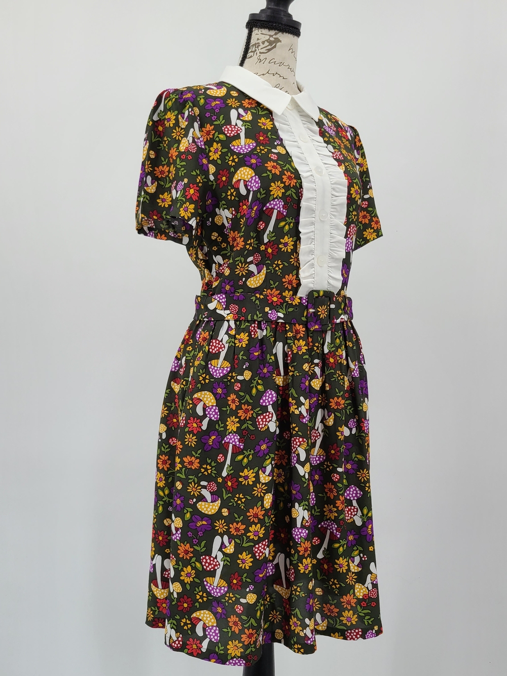 ModCloth Cottagecore Olive Green Mushroom & Flora Belted Dress Size 6